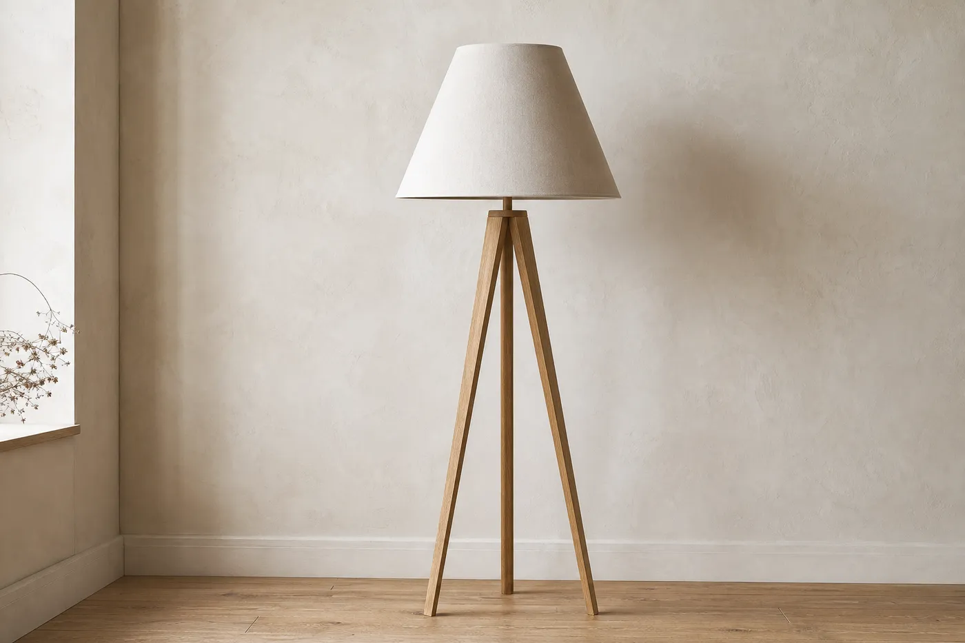 Ligne Lampadaire Trépied Bois & Lin — Essentiel